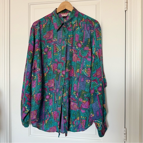 Vintage Tops - Vintage HER 90s Pattern 100% Silk Button down Shirt, size XL